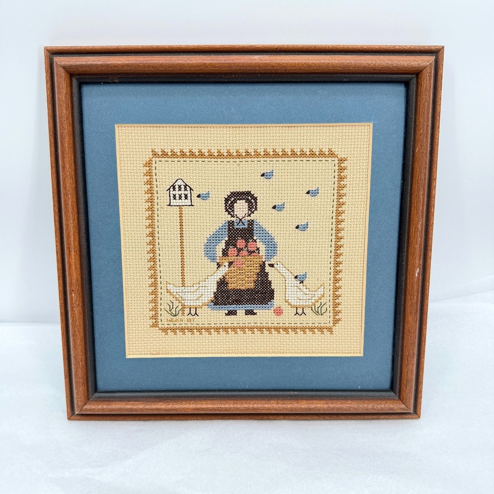 Framed Cross Stitch Country Woman Geese Farmhouse Rustic Wall Decor
